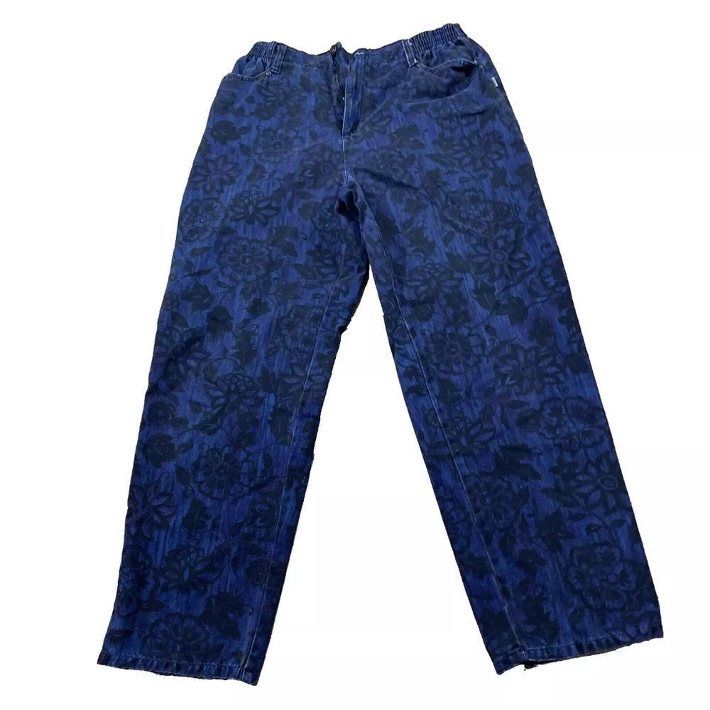 BLASSPORT Blue Purple Floral Pants Women 16 Vintage High Waist Stretch 32x30